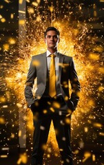 A handsome 20yo Western man.bullettime: Sparks flying, fireworks finale at a grand celebration.color of Lemon yellow and sky blue.High fashion or business or evening wea