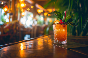 Mai Tai lounge ambiance, an atmospheric image featuring a Mai Tai cocktail in a stylish lounge setting, creating a sophisticated and laid-back scene with copy space. - obrazy, fototapety, plakaty