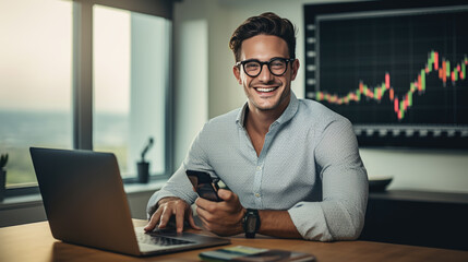 Man wearing glasses, smiling, and holding a smartphone in his hand, with a laptop open in front of him