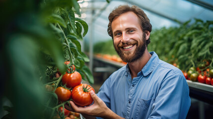 Smiling man in a greenhouse, picking ripe tomatoes