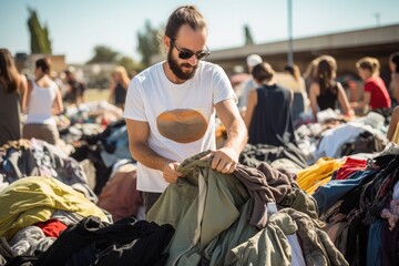A person takes part in a clothing swap event organized by a sustainable fashion brand, - obrazy, fototapety, plakaty
