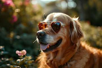 Smiling Golden Retriever with heart-shaped sunglasses.