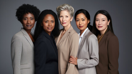 Group portrait of four women of diverse ethnicities, dressed in business attire, exuding confidence and unity. - Powered by Adobe