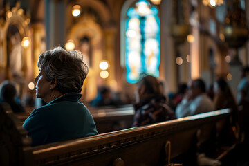 Fototapeta na wymiar Contemplative Silence: A Parishioner's Prayer in a Majestic Church
