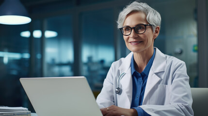 Mature woman with short grey hair, wearing glasses, a lab coat, and a blue shirt