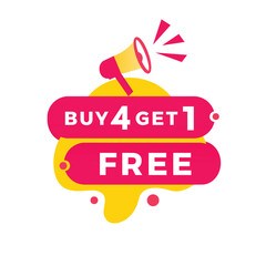 Buy 4 Get 1 Free, special offer promotion, banner. Megaphone with sale design template. Modern style vector illustration.