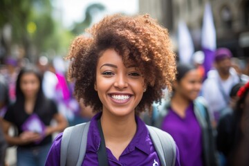 An african-mexican 18 year old from the state of guerrero marching in a women's rights march in mexico city, she looks at us smiling, yet resolute. Her hair is naturally curly,  - obrazy, fototapety, plakaty