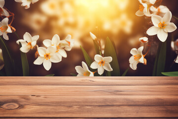 empty wooden table against spring time background