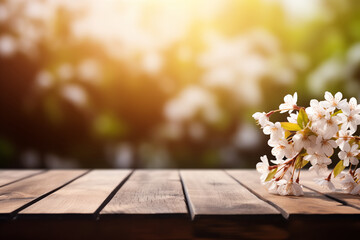 empty wooden table against spring time background