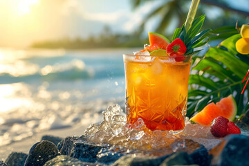 Tropical Mai Tai paradise, a vibrant composition featuring a Mai Tai cocktail adorned with tropical garnishes, evoking the spirit of a tropical paradise, with copy space. - Powered by Adobe