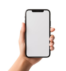 Mockup, female hand using mobile phone on transparent background, white blank screen for text, mobile app design and advertising, online marketing