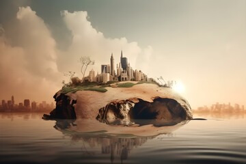 Futuristic cityscape perched on a floating island with exposed underground layers, blending urban development and natural elements. Concept of sustainability and urbanization