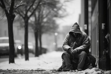 As the winter chill sets in, a homeless man sits alone on a frosty street corner, wrapped in...