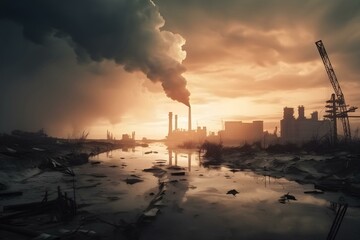 Dark industrial landscape with thick clouds of smoke rising from factory chimneys over a toxic, muddy wasteland. Concept of environmental pollution and climate catastrophe