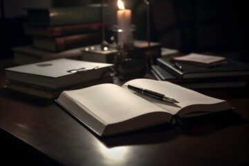 an open notebook with a pen on the top of it and a candle near it