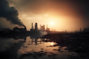 Industrial factory emitting thick smoke into the air as the sun sets, reflecting on a polluted river. Concept of environmental destruction and climate crisis