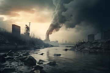 Industrial landscape with thick smoke rising from factory chimneys, polluting the air over a murky river. Concept of environmental pollution and climate crisis