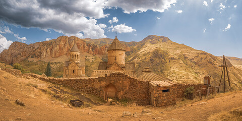 Wide angle panoramic view of the Noravank monastery. Travel destination Armenia