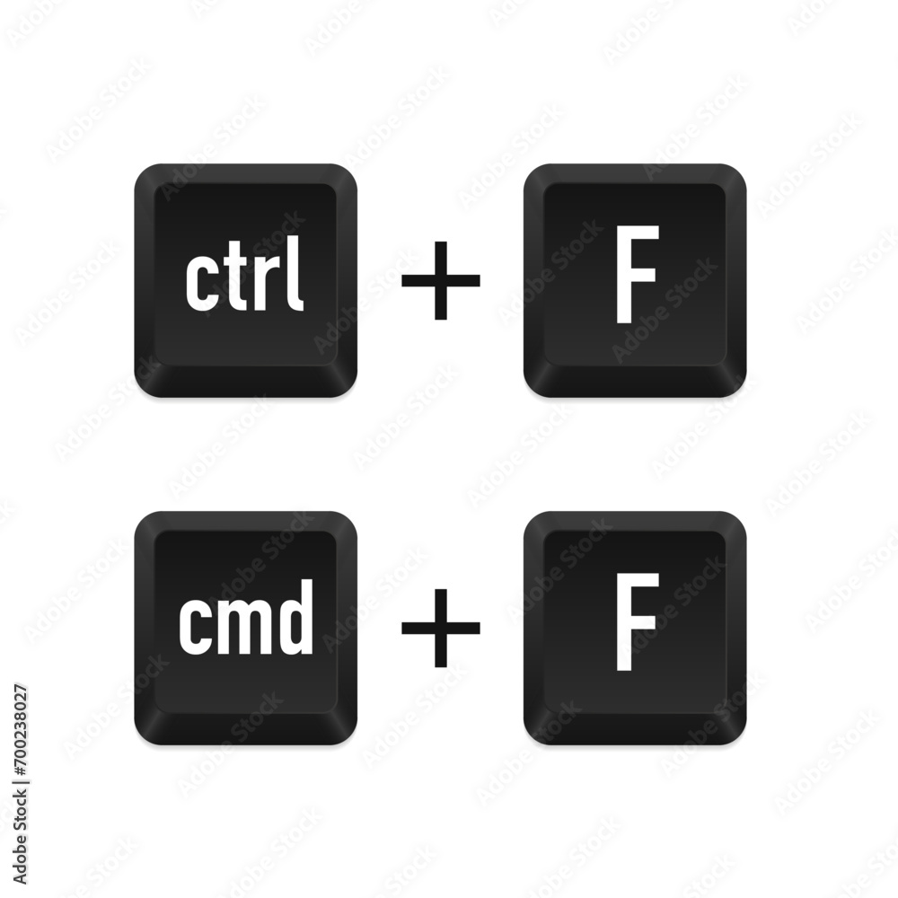 Poster ctrl f and cmd f keyboard shortcut keys for find concept. command set icons. ctrl f icon in dark col