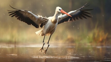 A stork gracefully landing on a riverbank, water droplets trailing its feet.