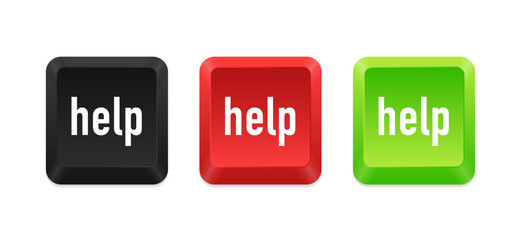 Realistic button help. Green, red, black computer button. Command set icons. Computer keyboard button set. Vector illustration