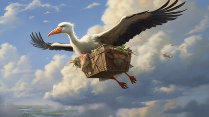 A stork delivering a bundle, mid-flight with fluffy clouds around. - obrazy, fototapety, plakaty