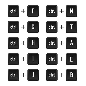 The hotkey combination is Ctrl + F, G, H, I, J, N, T, A, E, B sign. Find a character, Opens the Favorites panel. Keyboard keys. Computer button. Computer keyboard button set. Vector illustration
