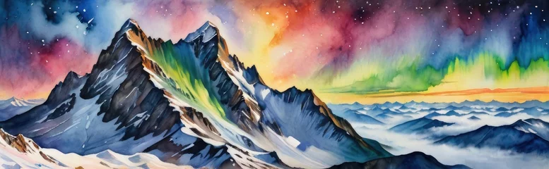 Gardinen Watercolor painting of snowy mountain landscape with aurora borealis in the sky © QuoDesign