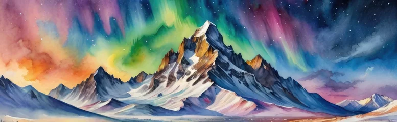 Foto op Aluminium Watercolor painting of snowy mountain landscape with aurora borealis in the sky © QuoDesign