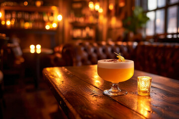 Whiskey Sour lounge setting, an atmospheric image featuring a Whiskey Sour in a cozy lounge setting, creating a sophisticated and inviting scene with copy space.