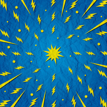 Blue background with yellow lightning bolts, illustrating sun rays. Abstract illustration with retro design. crumpled texture © Alex