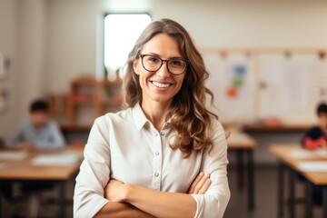 Confident teacher in the classroom, happy