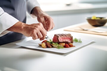 Craft an award-winning photograph chefs hands cooking steak, elegantly presented on a pristine white plate, set on a clean white kitchen table. The medium is professional DSLR photography, - obrazy, fototapety, plakaty