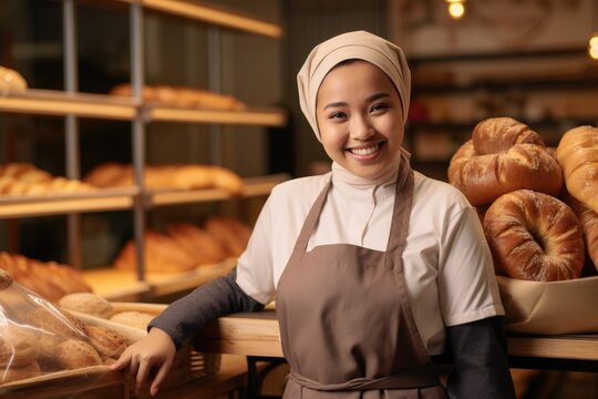 Create a candid portrait of a young adult malay woman running a local small medium business bakery, realistic, detailed, stock photograph