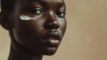 Close-up beauty shot featuring the face of a young brunette woman with a small drop of cream on her skin. Promotional image for a cream emphasizing good skin health. Beige background.