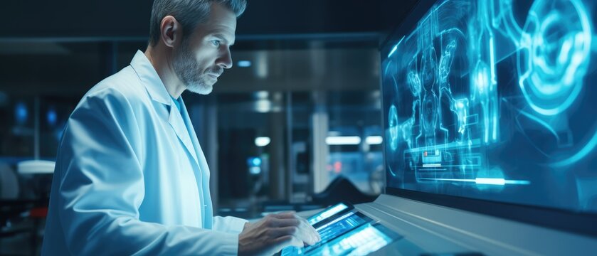 Doctor Working In Futuristic Hospital With Medical High Tech Healthcare, Surgeon Team Operation On Heart Disease And Illness On Monitor, Generative AI