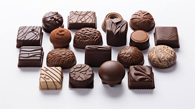 an array of chocolates molded into distinct shapes, artistically arranged on a pristine white background, capturing the tempting textures and flavors of these delightful confections.