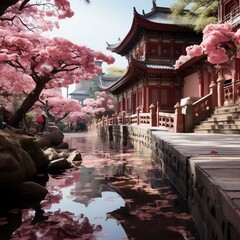 A pink pathway lined with trees with pink blossoms