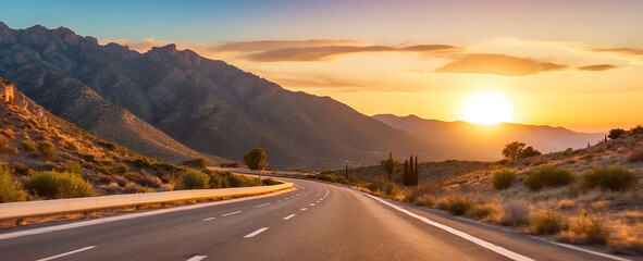 empty mountain highway in the evening, the sun is hiding in the mountain. relaxing background