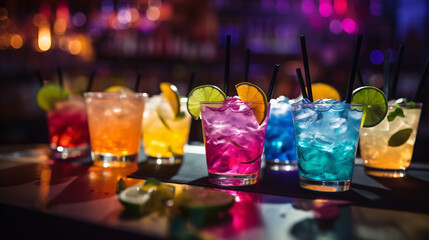 An array of colorful cocktails on a bar top garnished with fruit slices and umbrellas in a lively party setting.