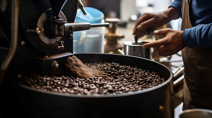 An artisanal coffee roasting workshop with beans being roasted ground and brewed showcasing the art of coffee making.