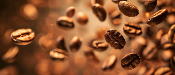Roasted Coffee Beans Floating with Warm Backlight
