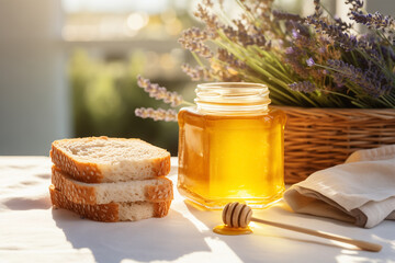 Close-Up of Golden Herbal Honey in a Jar. Summer Delicious Sweetener with Bread and Lavender.
