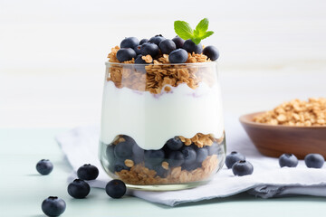 Wholesome Healthy Breakfast Close-Up of Yoghurt and Blueberries Mixed with Granola and Layered in a Glass.