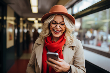 Smiling Mature Woman with Blonde Hair, Red Hat, and Scarf, Using Smartphone in Hall, Embracing Modern Technology and Modern Lifestyle.