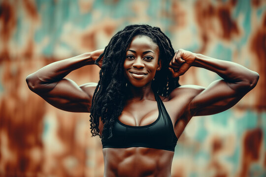 Confident Black Woman in Black Fitness Bra Making a Muscles. African American Female Flexing Arms.