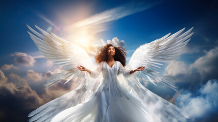 Heaven's Embrace: An Angelic Figure's Tranquil Flight