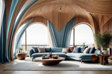 Fototapeta premium Interior home design of modern living room with curved wooden ceiling and walls with wooden sofas and table