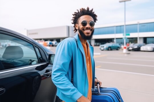 Happy african young man with beards coming out an airport with his luggage about to enter into a blue car 
