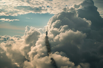 A captivating image of an individual climbing a staircase that extends into a surreal white cloud, creating an amazing and dreamlike visual narrative. Photo